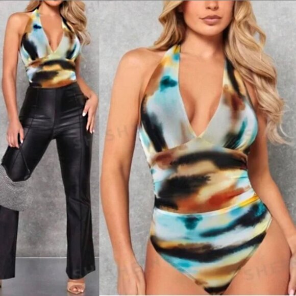SHEIN BAE NWT Mesh Tie Dye Multicolor Ruched Halter Bodysuit Size S (4) - Picture 1 of 16